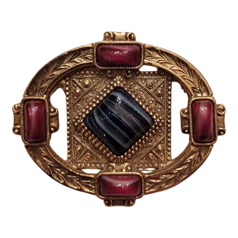 Vintage 80s 1928 Brand Blue Maroon Cabochon Goldtone Brooch 2"×1.5" Pin